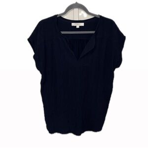 LOFT L Women's Navy Blouse V Neck Gauze